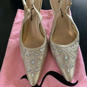 Nina Gold Slingback Heels with Crystal Embellishments
